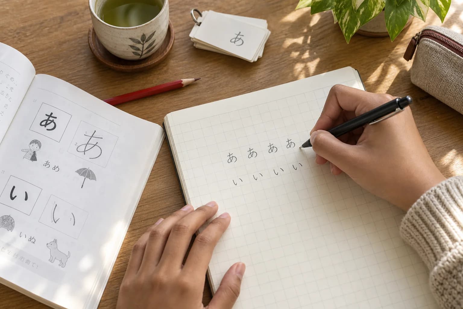 Latihan menulis hiragana dengan buku dan kartu belajar